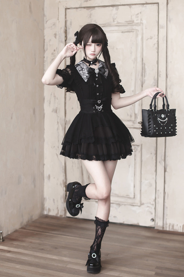Black [Dreamy Love Ballad] Lapel Collar Short Sleeves Double-Layered Ruffled Cut-Out Bow Gothic Japanese Jirai Kei Skirt Set