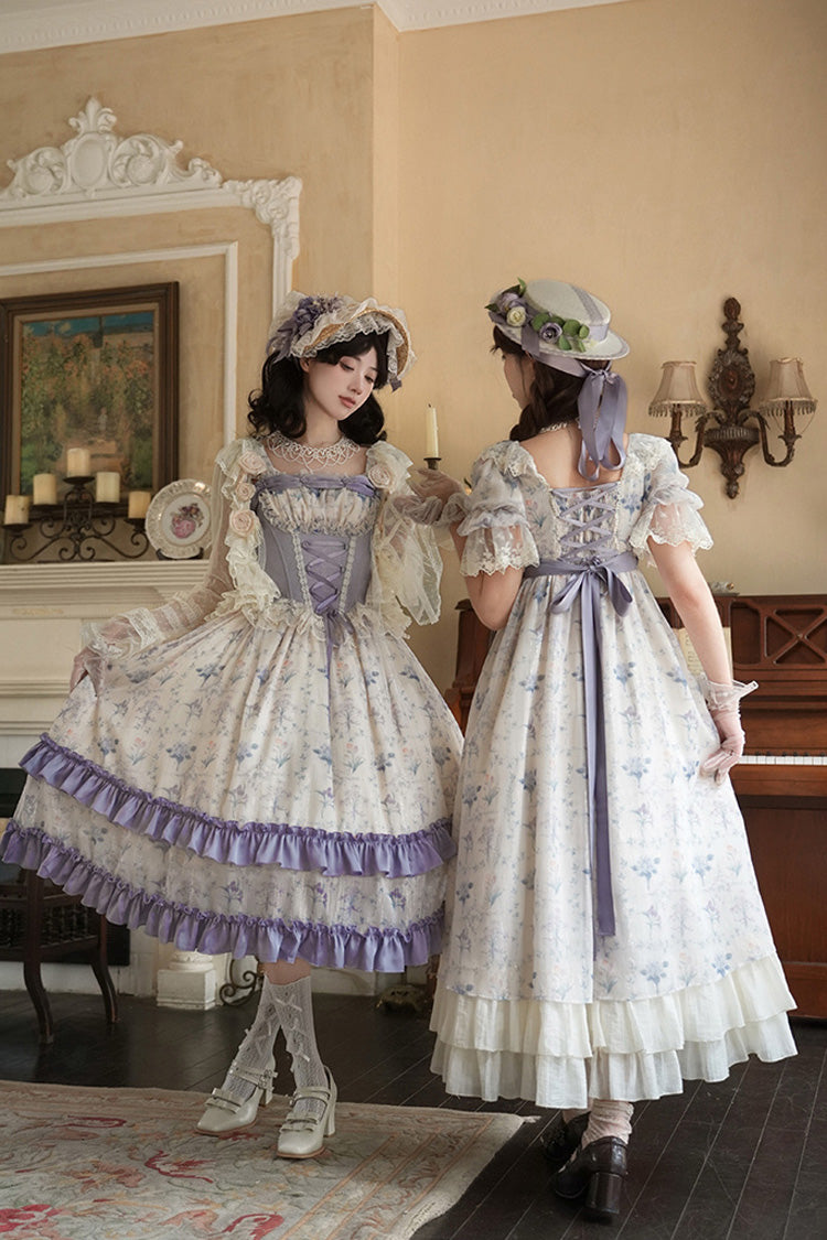 Purple/Ivory [Iris Secrets] Short Sleeves Double-Layered Print Ruffle Bowknot Lace-Up Sweet Lolita Dress