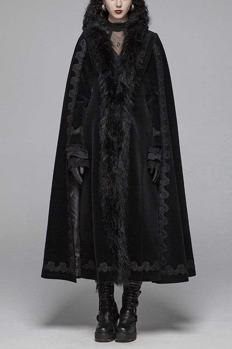 Black Fur Collar Slit Cloak Shape Sleeve Back Waist Lace Up Imitation Cashmere Long Women's Gothic Coat