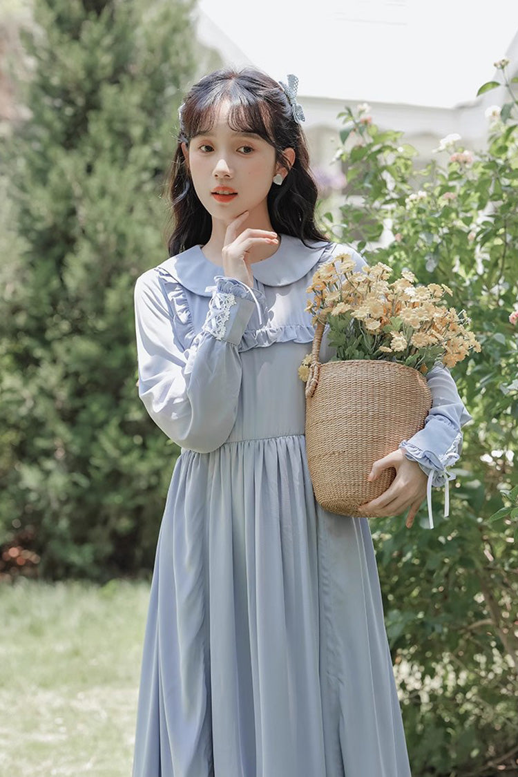 Blue Doll Collar Long Sleeves Ruffle Sweet Elegant Princess Lolita Dress