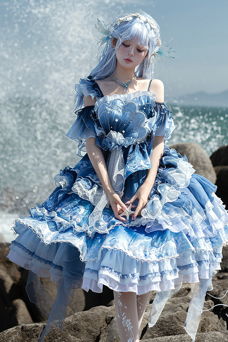 Blue [Jellyfish] Gradient Print Ruffle Embroidery Bowknot Lace Asymmetric Sweet Elegant Lolita Jsk Dress