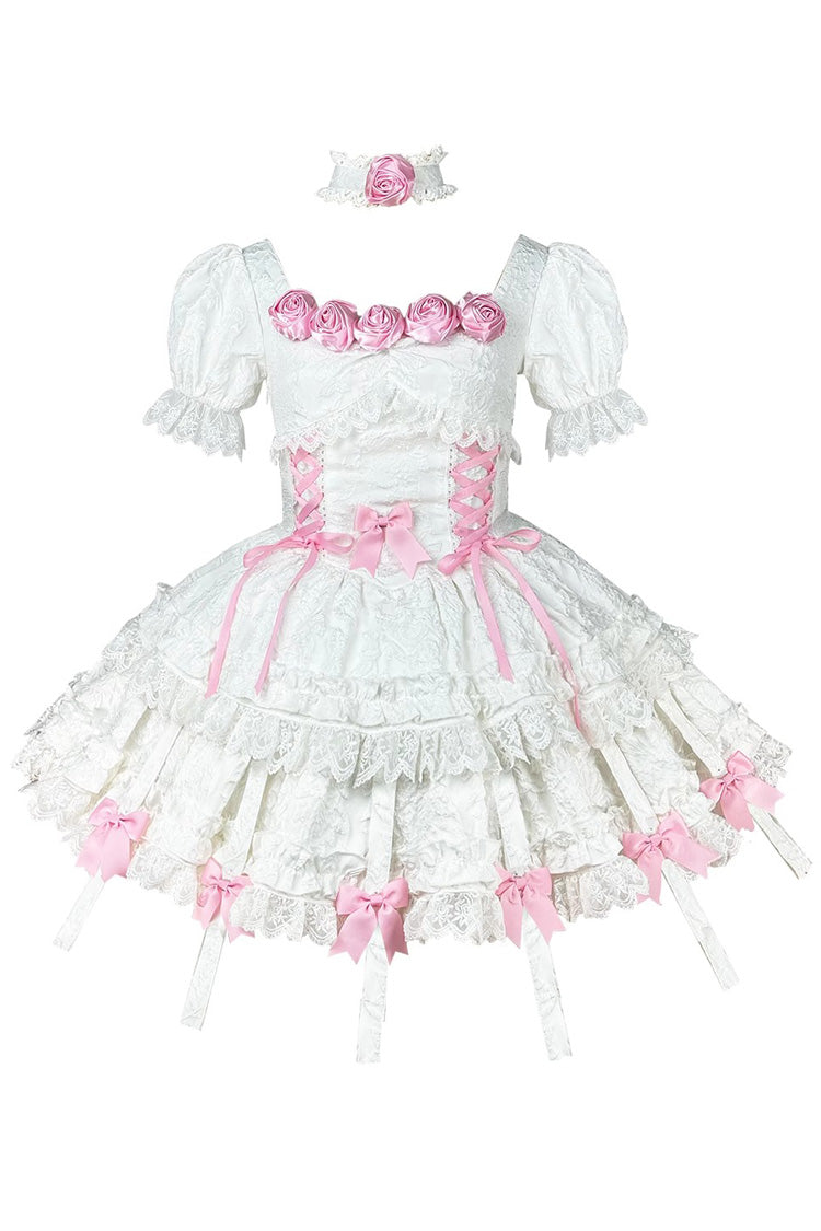 White/Pink Puff Short Sleeves Princess Gothic Lolita Tiered Dress
