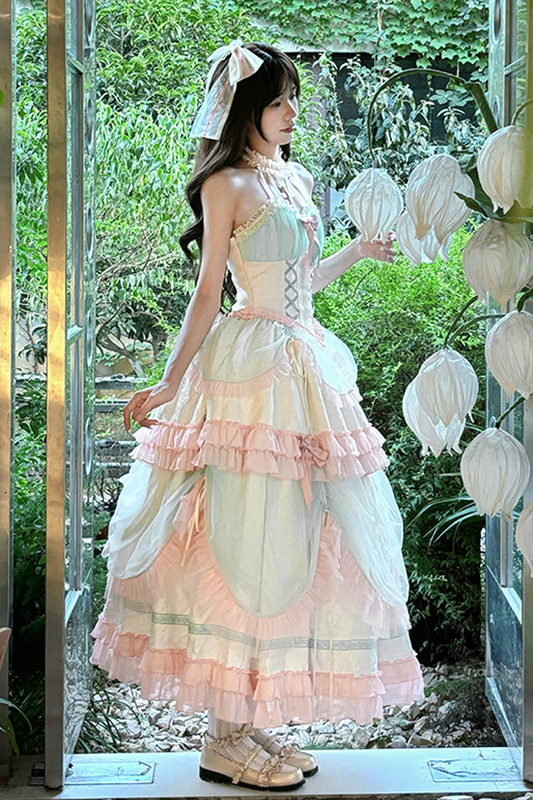 Multi-Color Mermaid Halterneck Ruffle Bowknot Lace Lace-Up Sweet Lolita Dress