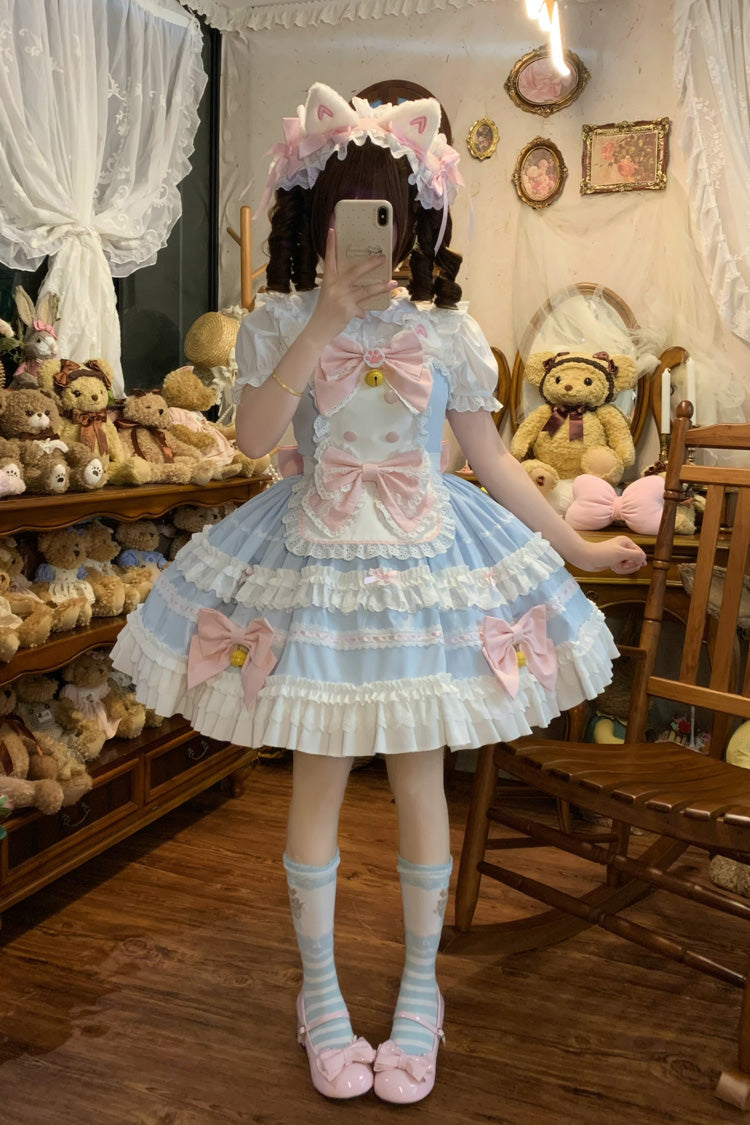 Blue [Meowling Sweet Maid] Sleeveless Multi-Layered Ruffle Bowknot Lace Sweet Princess Lolita Jsk Dress