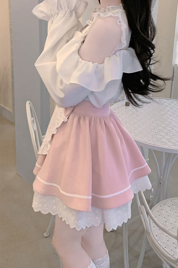 White/Pink Off Shoulder Long Sleeves Ruffle Bowknot Lace Sweet Jirai Kei Skirt