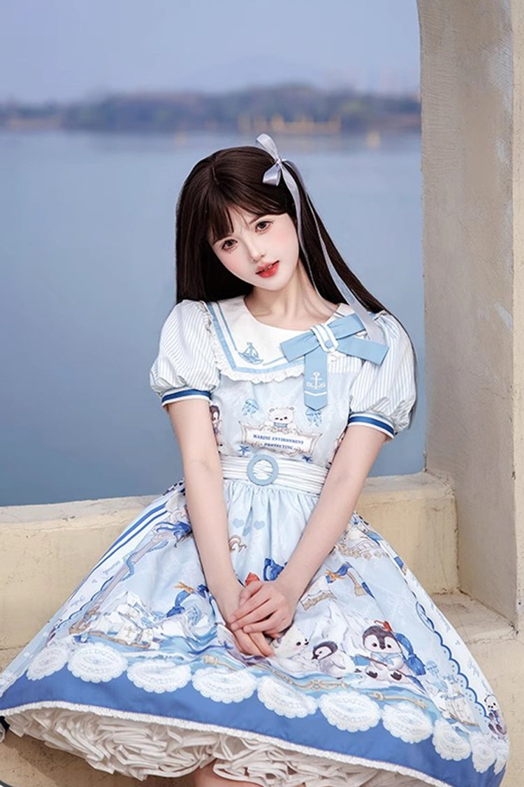 Blue [Penguin Navy] Short Sleeves Print Ruffle Bowknot Sweet Princess Lolita Dress