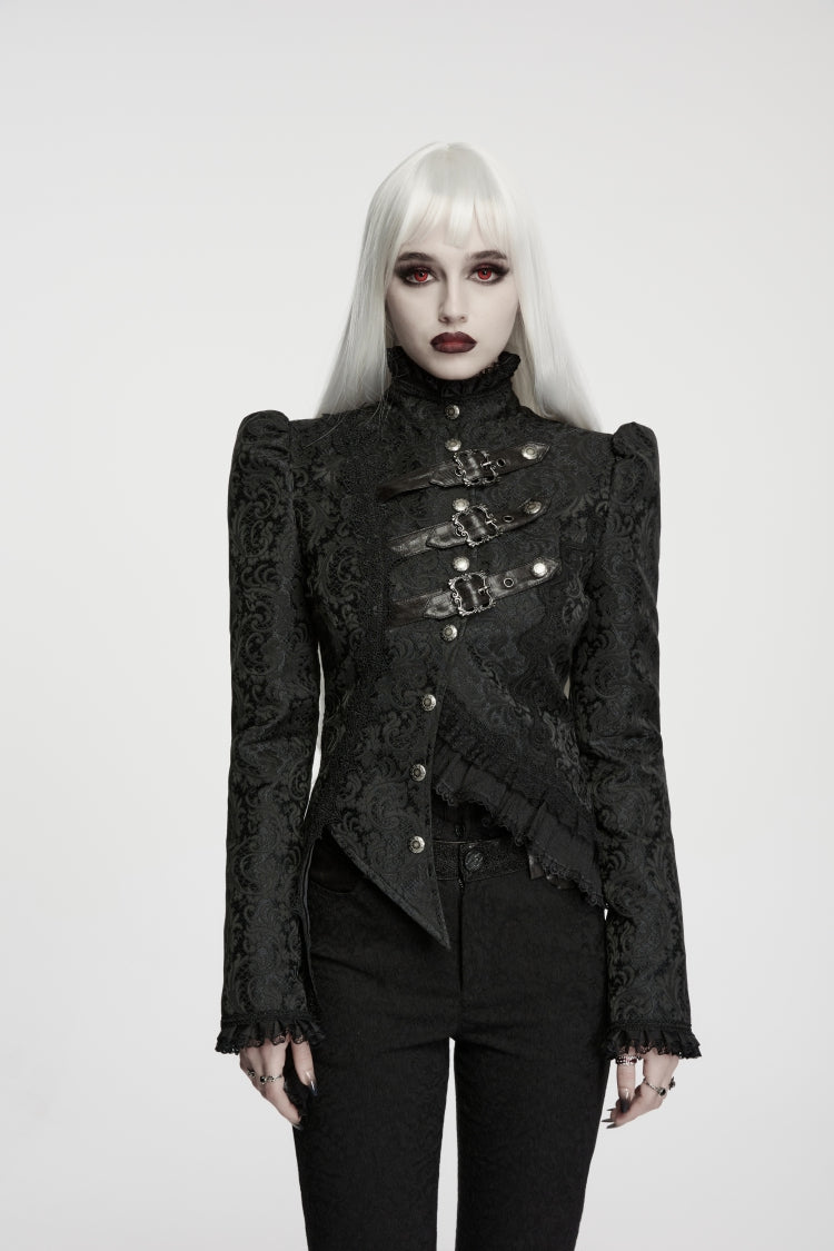 Black Stand Collar Long Sleeves Jacquard Lace Slim Fit Asymmetric Buckled Strappy Women's Gothic Elegant Luxurious Coat