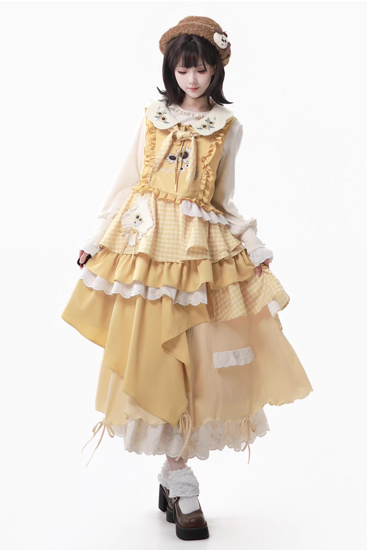 Yellow [Orange Diary] Multi-Layered Printed Embroidered Bow Lace Asymmetric Sweet Lolita Jumper Dress