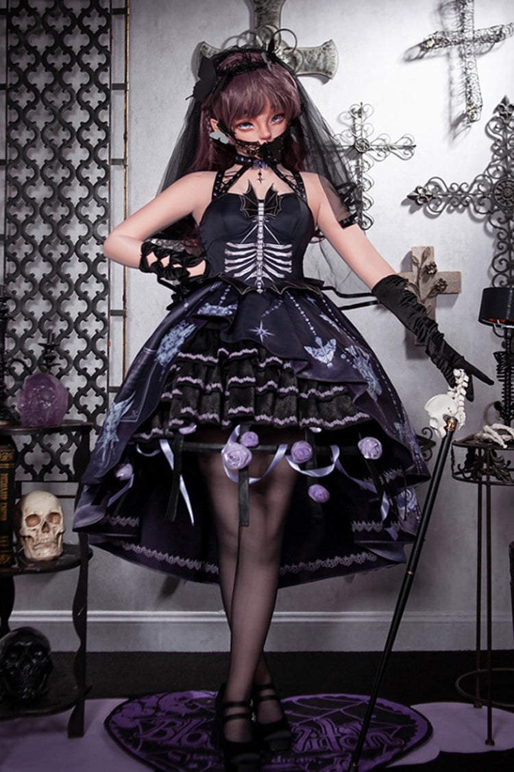 Black [Feast of Bones] Halterneck Multi-Layered Print Ruffle Lace Gothic Elegant Lolita Jsk Dress
