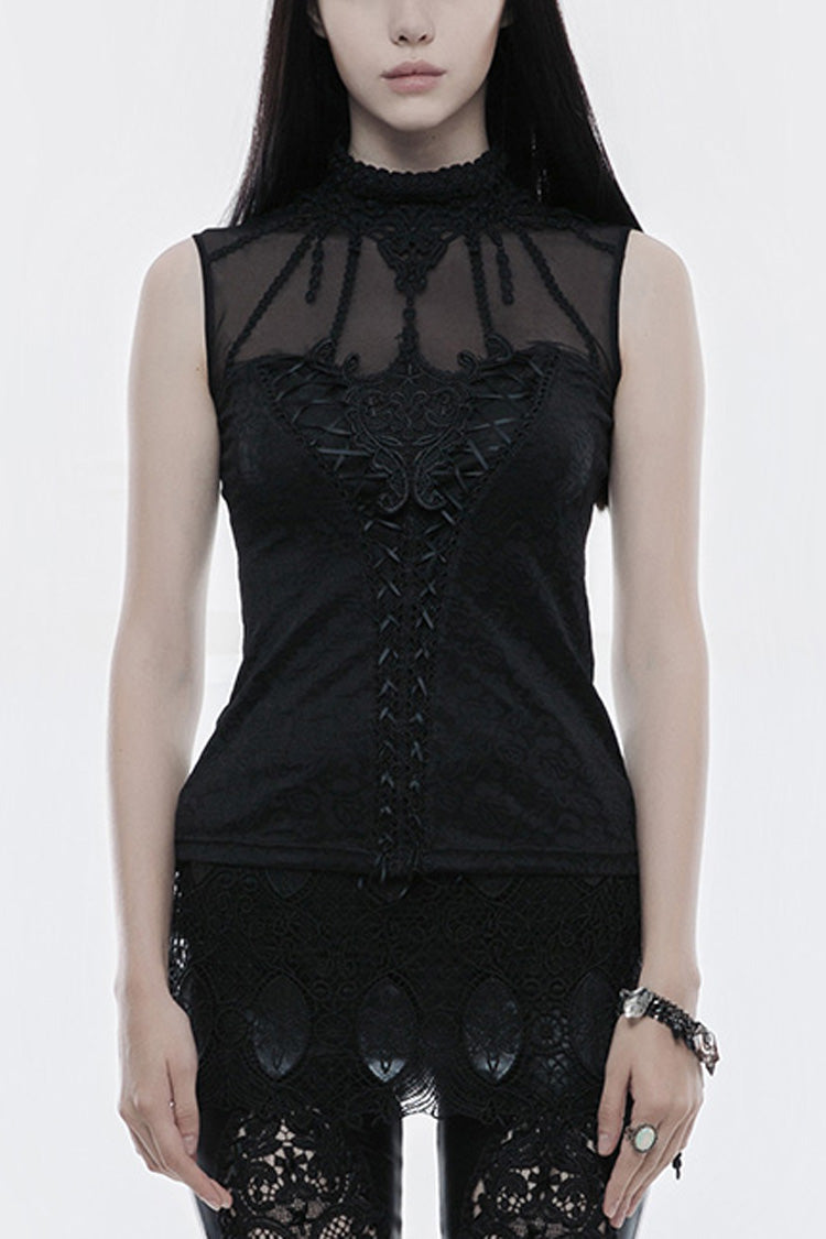Black High Collar Sleeveless Stitching Lace Lace-Up Mesh Women's Goth ...