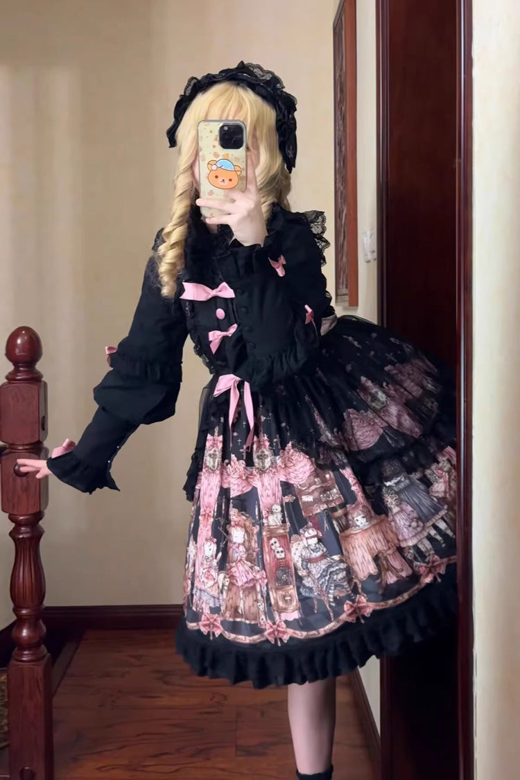 Black [The Case of the Missing Lamb] Print Ruffle Bowknot Lace Gothic Lolita Jsk Dress