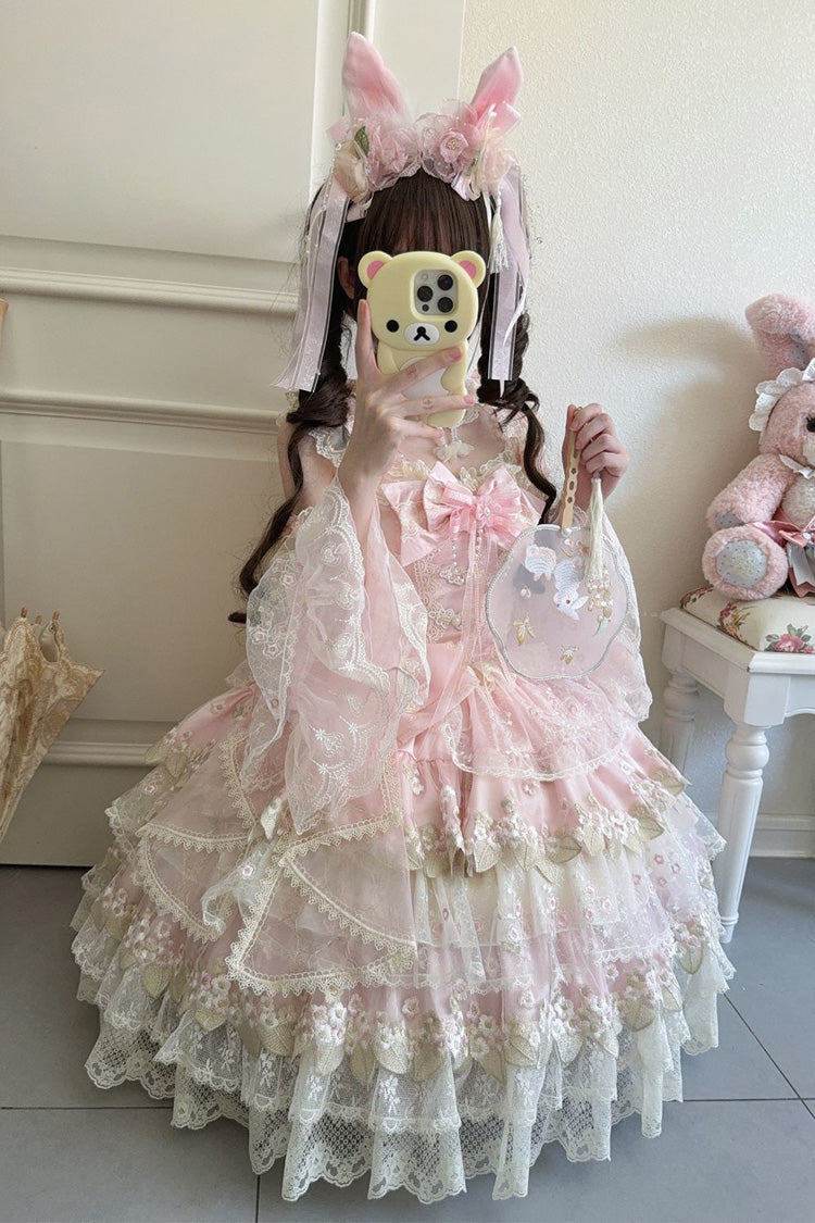 Robe Lolita Jsk style chinois doux sans manches à volants broderie nœud papillon rose [Fleurs tombant sous la pluie] 