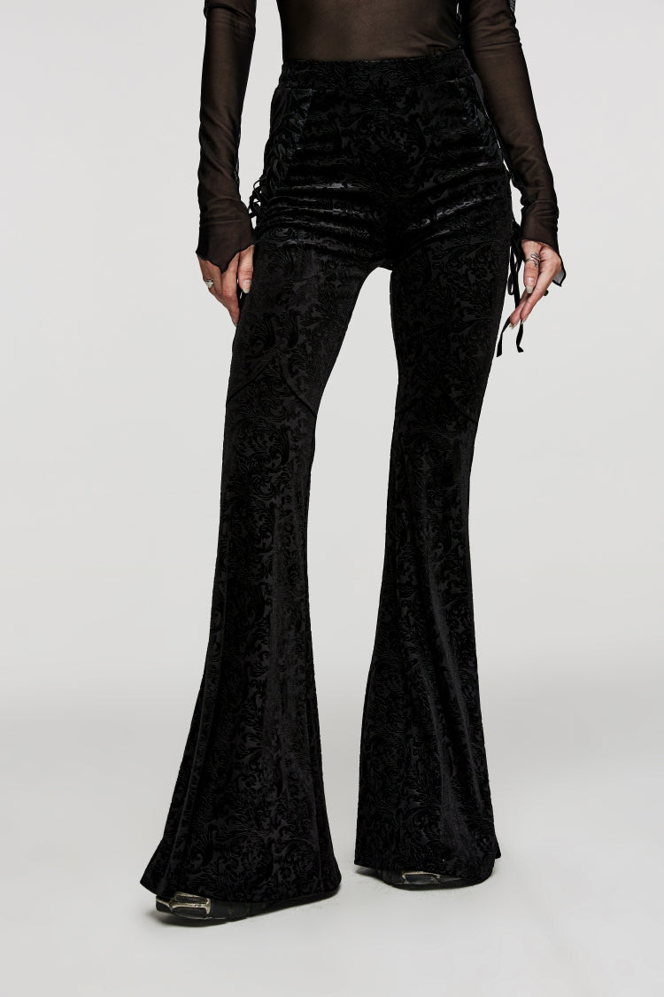 Schwarze Jacquard-Schnürhose mit schmaler Passform für Damen im Gothic-Stil, Cosplay-Samt-Schlaghose