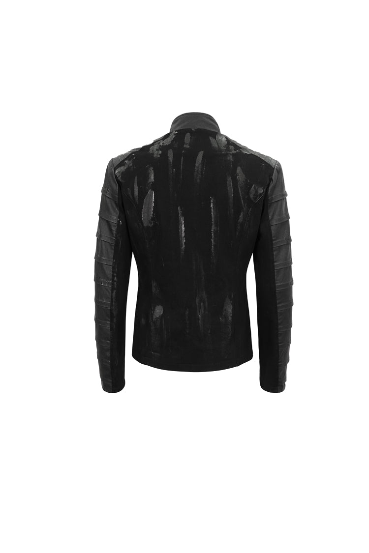Black Stand Collar Stretch Faux Leather Twill Woven Men's Punk Jacket