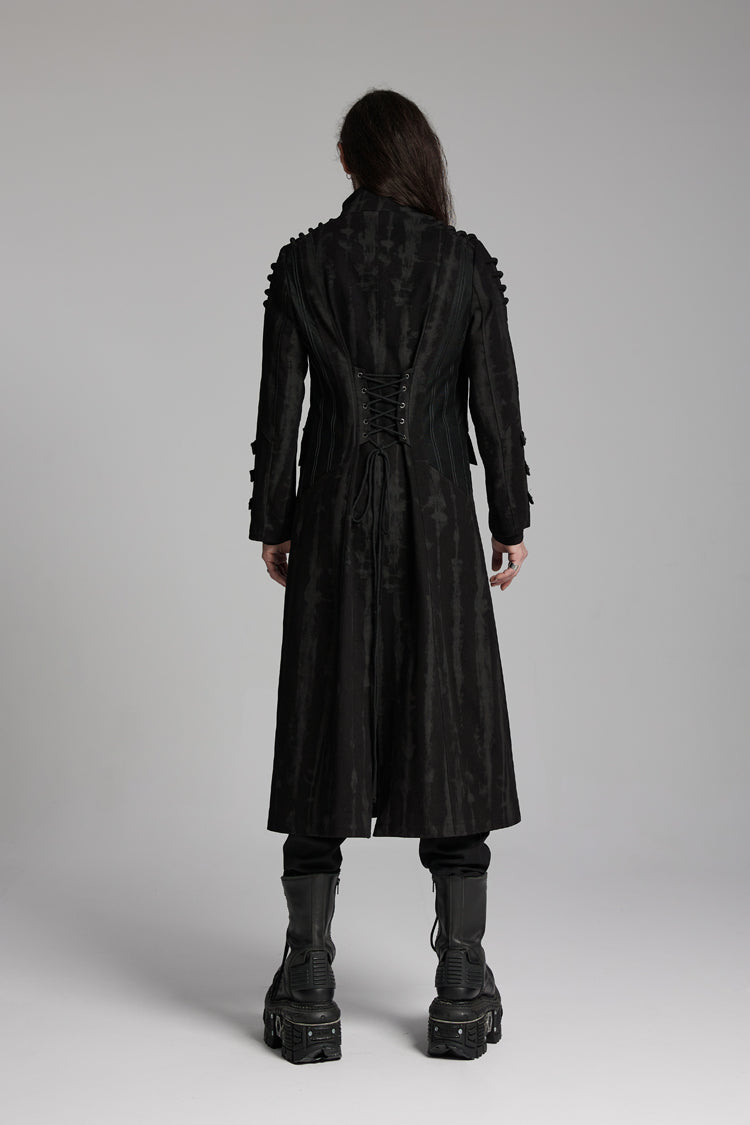Black Stand Collar Long Sleeves Rivets Strap Zip Men's Punk Long Coat