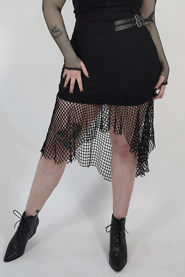 Black Side Leather Clasp Splice Rough Mesh Irregular Hem Plus Size Knit Women's Punk Fishtail Skirt