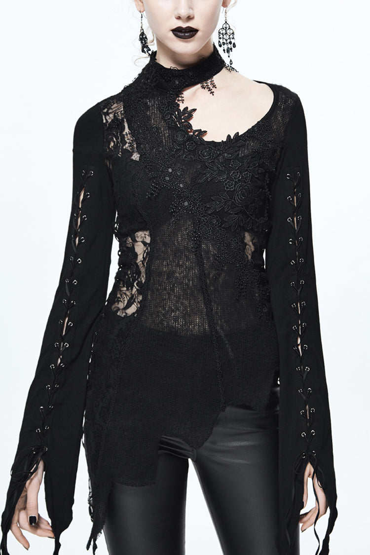 Black Asymmetric Lace Woolen Splice Rose Mesh Chest Hollow Applique Hem Women's Gothic Sweater