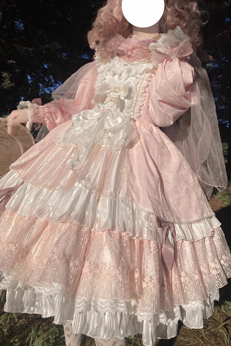 ピンクの花嫁長袖ちょう結び多層フリルスイートロリータOPティアードドレス
