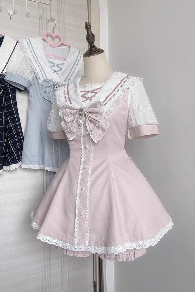 Sweet Short Sleeves Print Bowknot Jirai Kei Japanese Dress Set 3 Colors