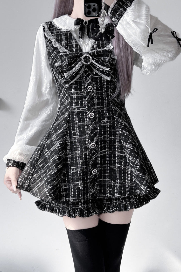 Schwarz/Weiß [Love Sonata] Langarm Rüsche Schleifenknoten Spitze Jirai Kei Japanisches Kleid Set 