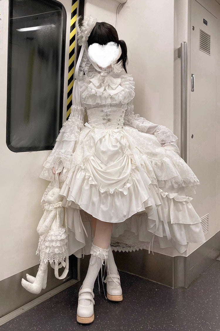 White [Eternal Taboo] Long Hime Sleeves Ruffled Bow Gothic Lolita Skirt Dress Set