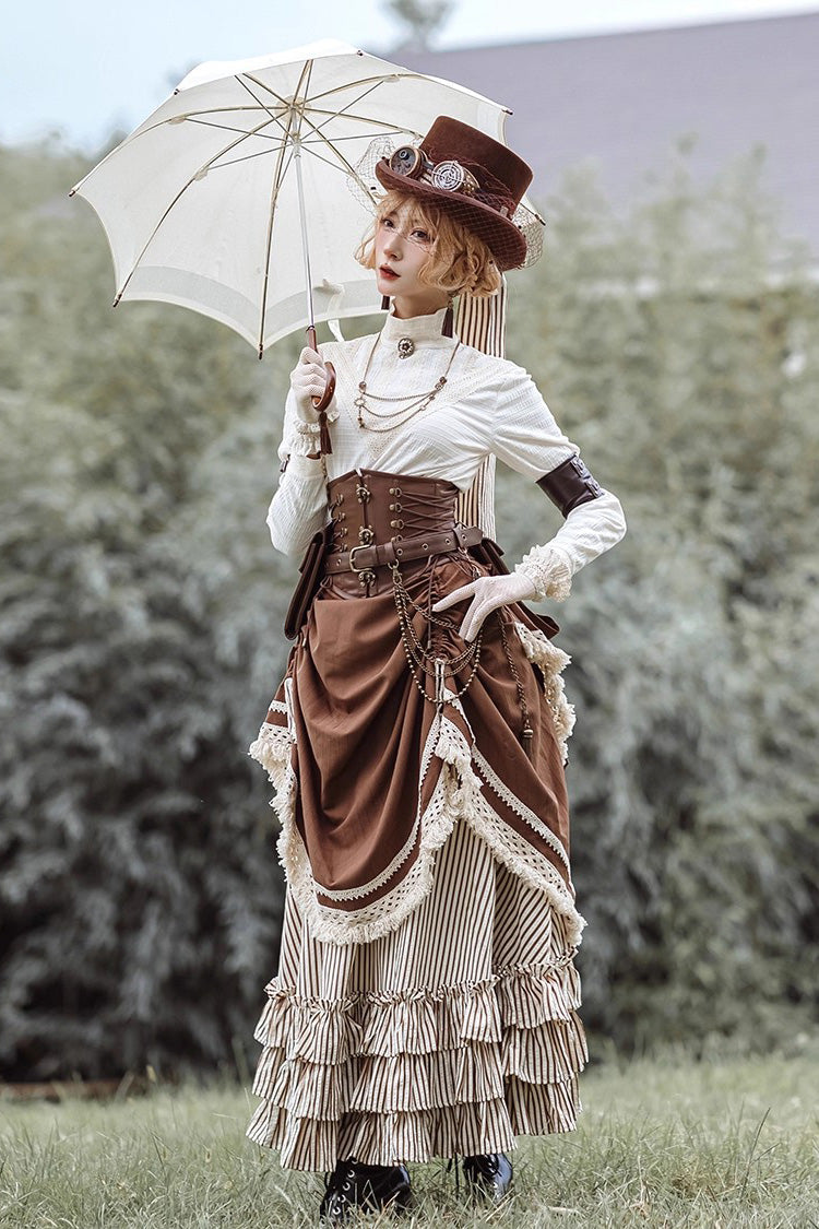 White/Brown Victorian Style Triple-Layered Striped Print Ruffle Classic Vintage Lolita Basil Skirt