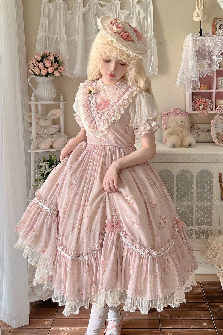 [Daydream Rose] Kurzärmliges Kleid mit Blumen-Jacquard-Print, Rüschenstickerei, Schleifenknoten, Sweet Lolita, in 3 Farben 
