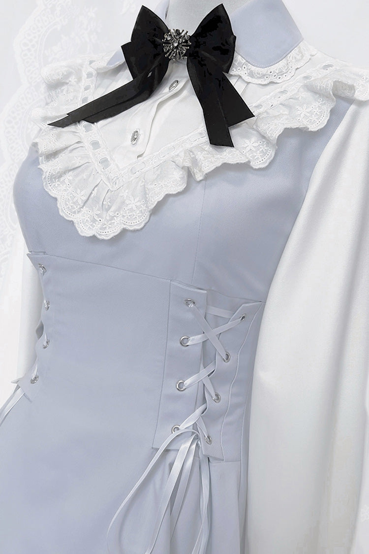 Light Blue [Qingshui Poetry] Long Sleeves Bowknot Lace-Up Sweet Jirai Kei Dress