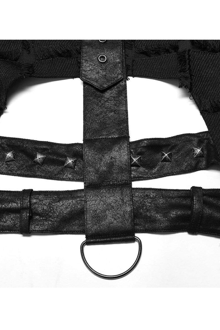 Black Gothic Asymmetrical Decadence Hairy Flu Back Cutout Design Leather Strip Metal Rivets Men's Vest
