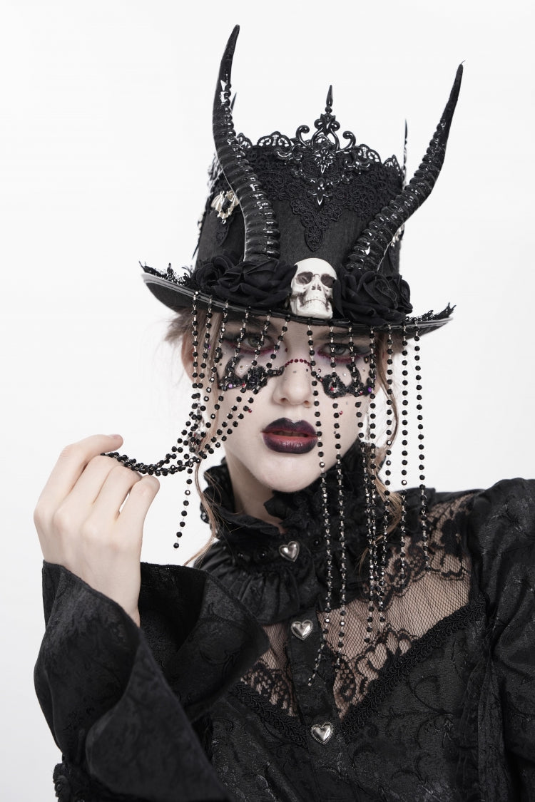 Black Wedding Style Embroidered Women's Gothic Luxurious Royal Skull&Horn Beaded Hat