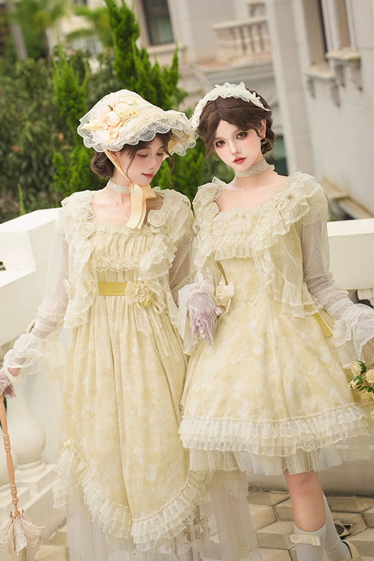 Yellow [Falling Flowers as a Message] Square Collar Flying Sleeves Print Ruffle Lace Sweet Elegant Lolita Short Dress