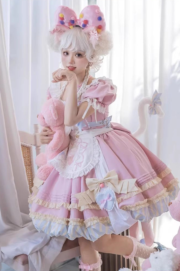 Pink Short Sleeves Multi-Layered Ruffle Bowknot Sweet Princess Lolita Dress Full Set
