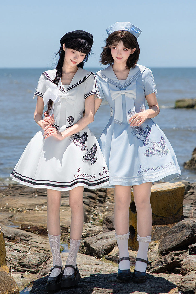 [Summer Sea Breeze] Navy Collar Short Sleeves Printed Bow Sweet Lolita Dress 2 Colors (White, Blue)