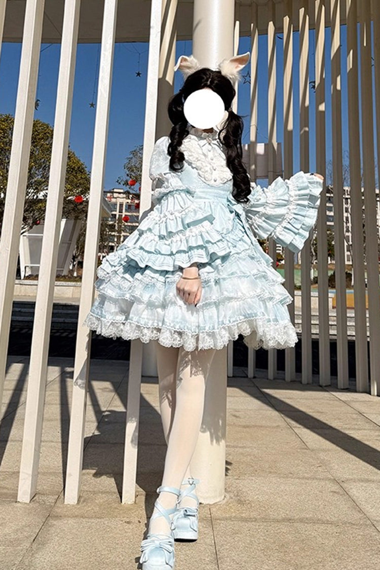 Blue [The Soloist Doll] Long Hime Sleeves Multi-Layered Print Ruffle Bowknot Asymmetric Sweet Lolita Dress