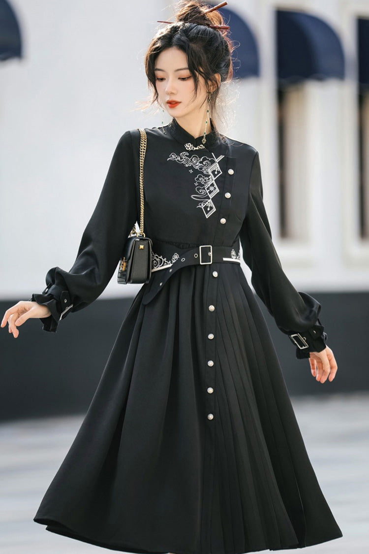 Black Mysterious Long Sleeves Chinese Style Single Breasted High Waisted Print Hanfu Dress