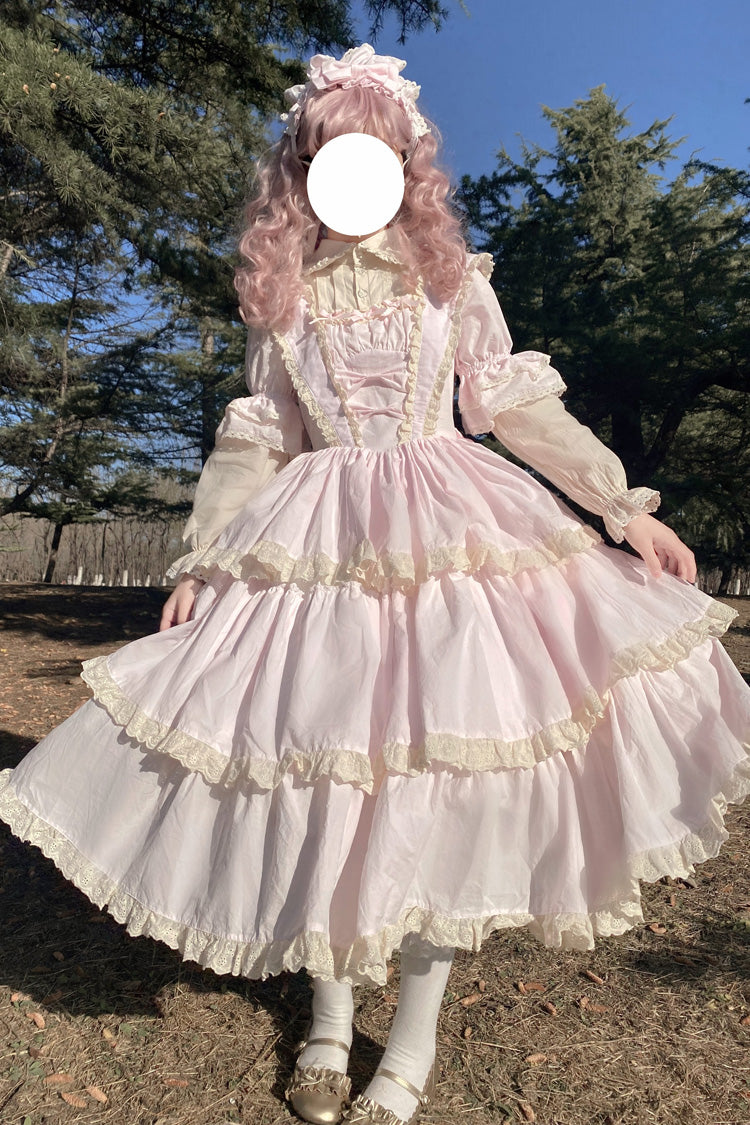 Pink Lapel Collar Long Sleeves High Waisted Multi-layer Bowknot Sweet Lolita Dress
