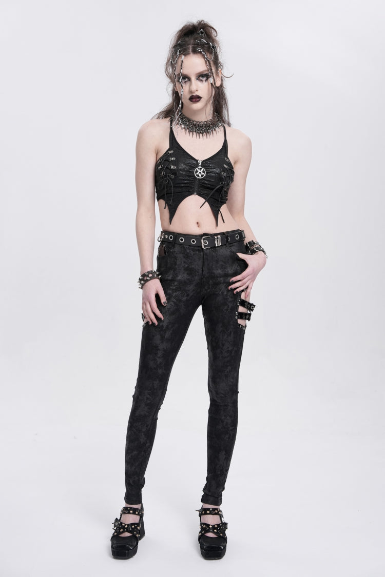 Black Print Cutout Buckle Women's Gothic Pants