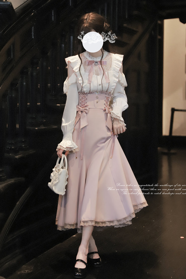 Pink Ruffle Bowknot Slim Sweet Elegant Lolita Fishtail Skirt Dress