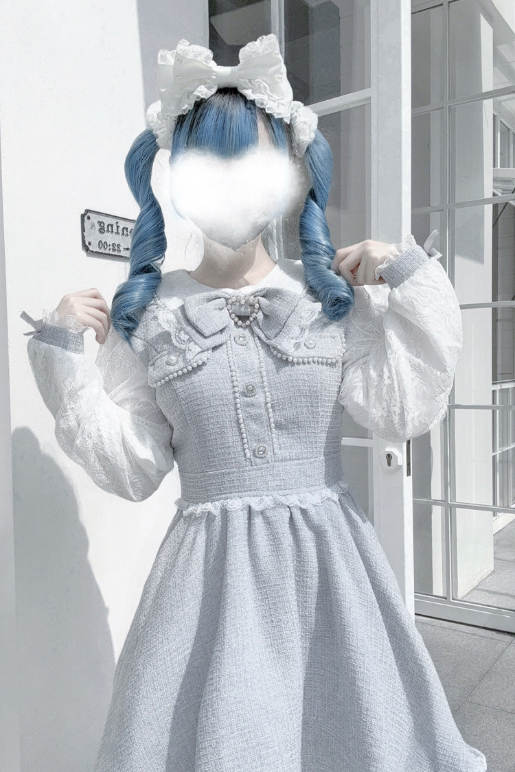 Grey Long Sleeves Bowknot Lace Pearl Sweet Jirai Kei Dress