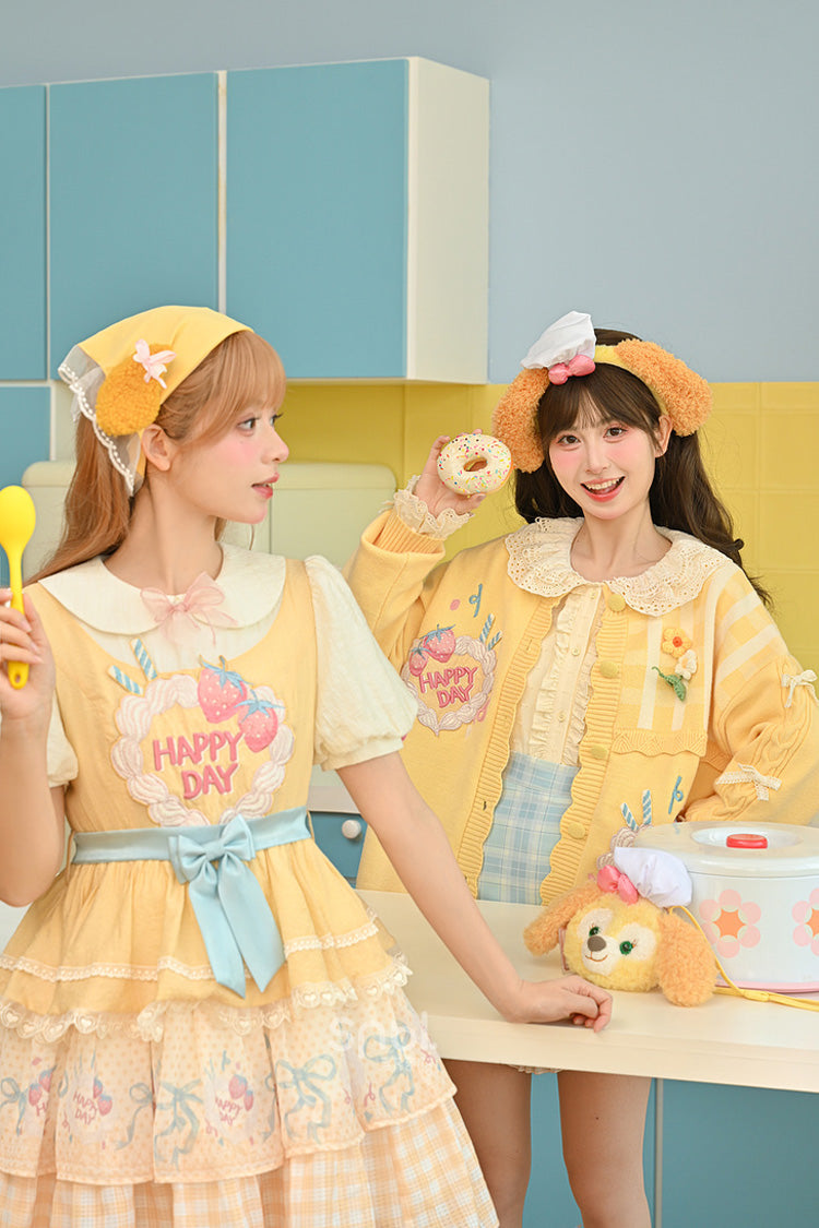 Yellow [Happy Day] Short Sleeves Triple-Layered Print Bowknot Lace Sweet Princess Lolita Dress