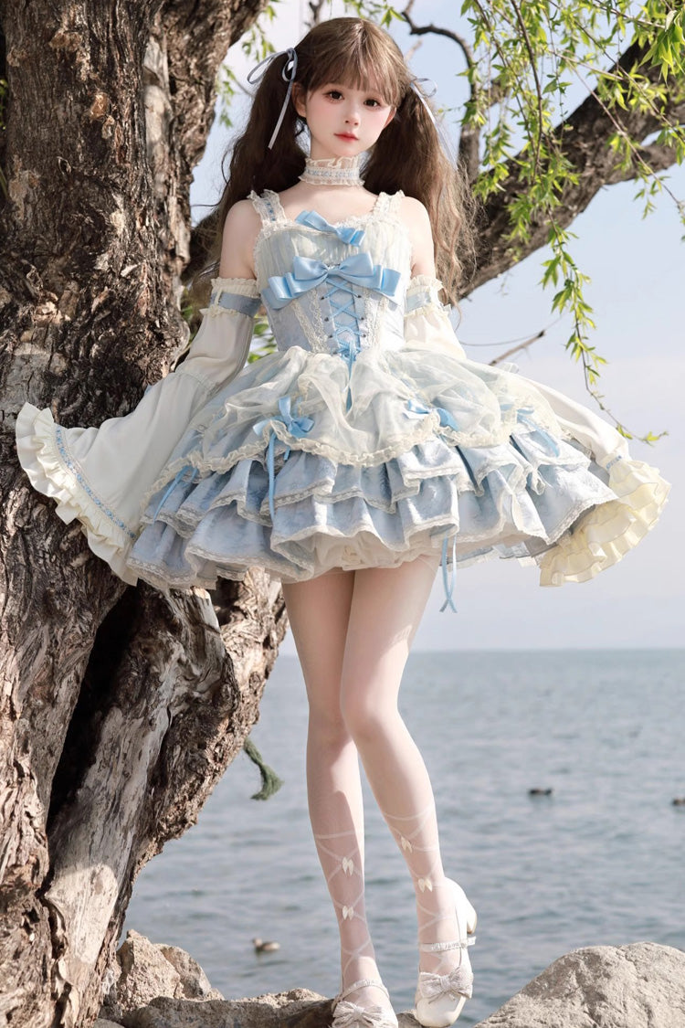 Blue/Apricot Sleeveless Multi-layer Ruffle Bowknot Lace-Up Sweet Princess Lolita Jsk Dress