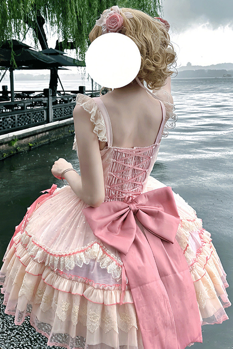 Pink [Candy House] Sleeveless Ruffle Bowknot Lace Lace-Up Sweet Lolita Jsk Dress