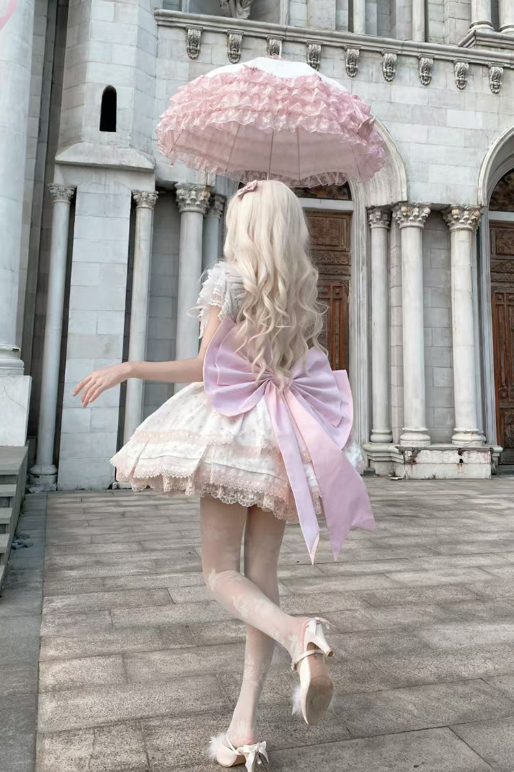 Pink [First Love Rose] Multi-Layered Print Ruffle Bowknot Lace Sweet Lolita Jsk Dress Set