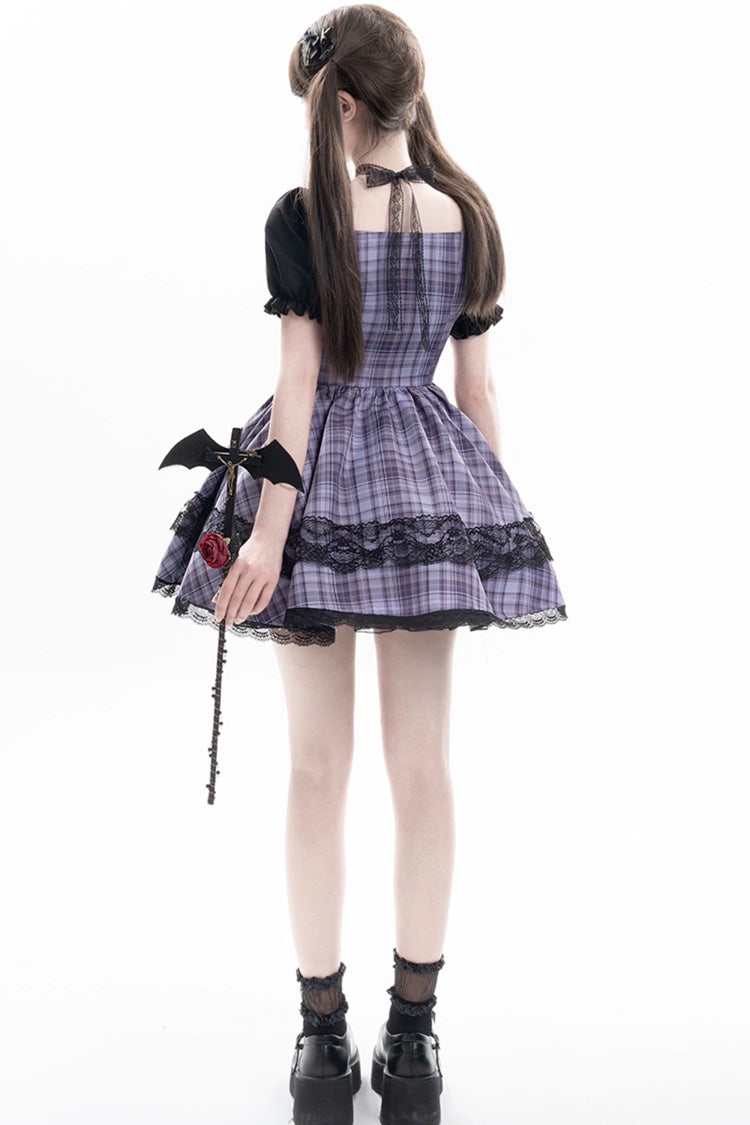 Purple [Witch Time] Short Puff Sleeves Plaid Print Bowknot Lace Sweet Lolita Dress
