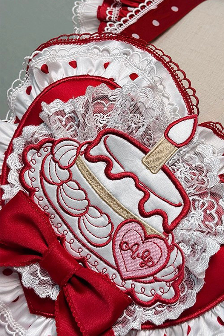 Red/White [Twin Bears] Birthday Cake Sleeveless Print Ruffle Bowknot Lace Sweet Lolita Big Flower Bud Dress