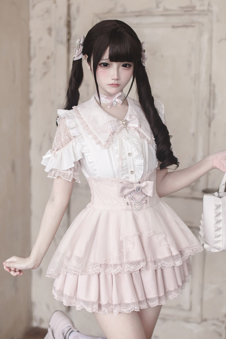 White/Pink [Dreamy Love Ballad] Lapel Collar Short Sleeves Double-Layered Ruffled Cut-Out Bow Gothic Japanese Jirai Kei Skirt Set