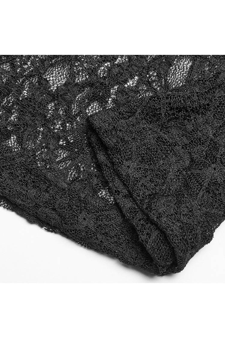 Schwarzes langärmliges Ein-Wort-Kragen-transparentes Spitzen-Gothic-T-Shirt für Damen