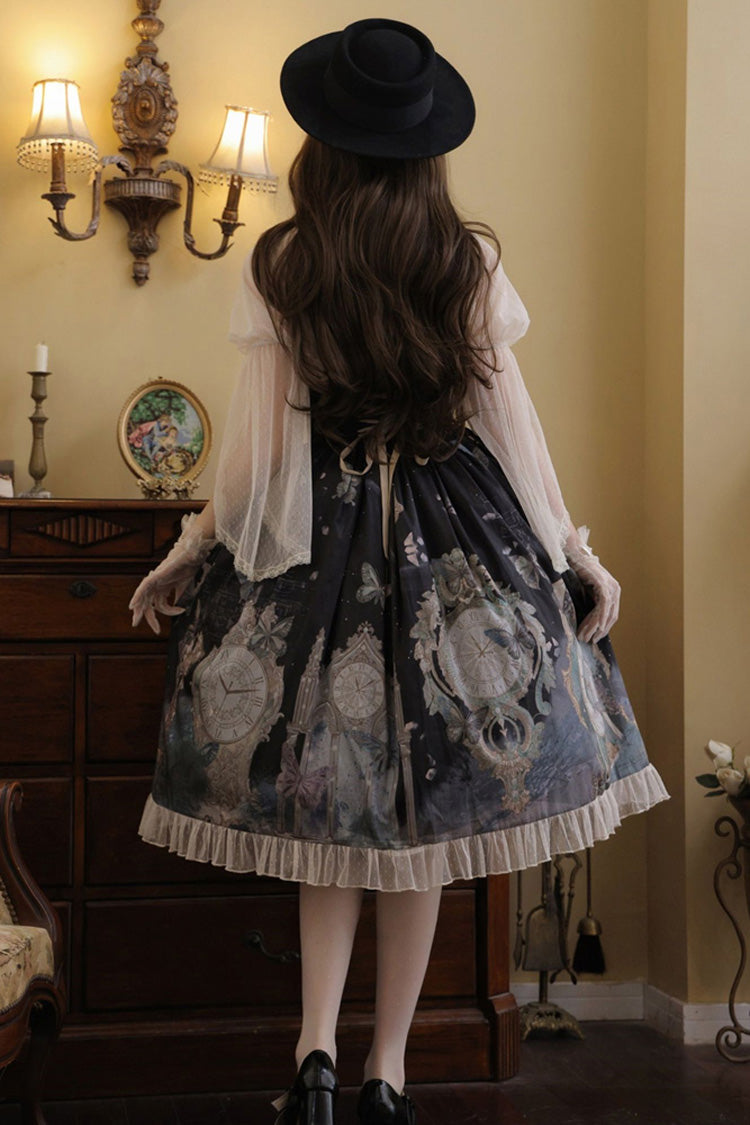 Multi-Color Cardigan Lace Ruffle Clock Butterfly Print Classic Lolita Skirt Set