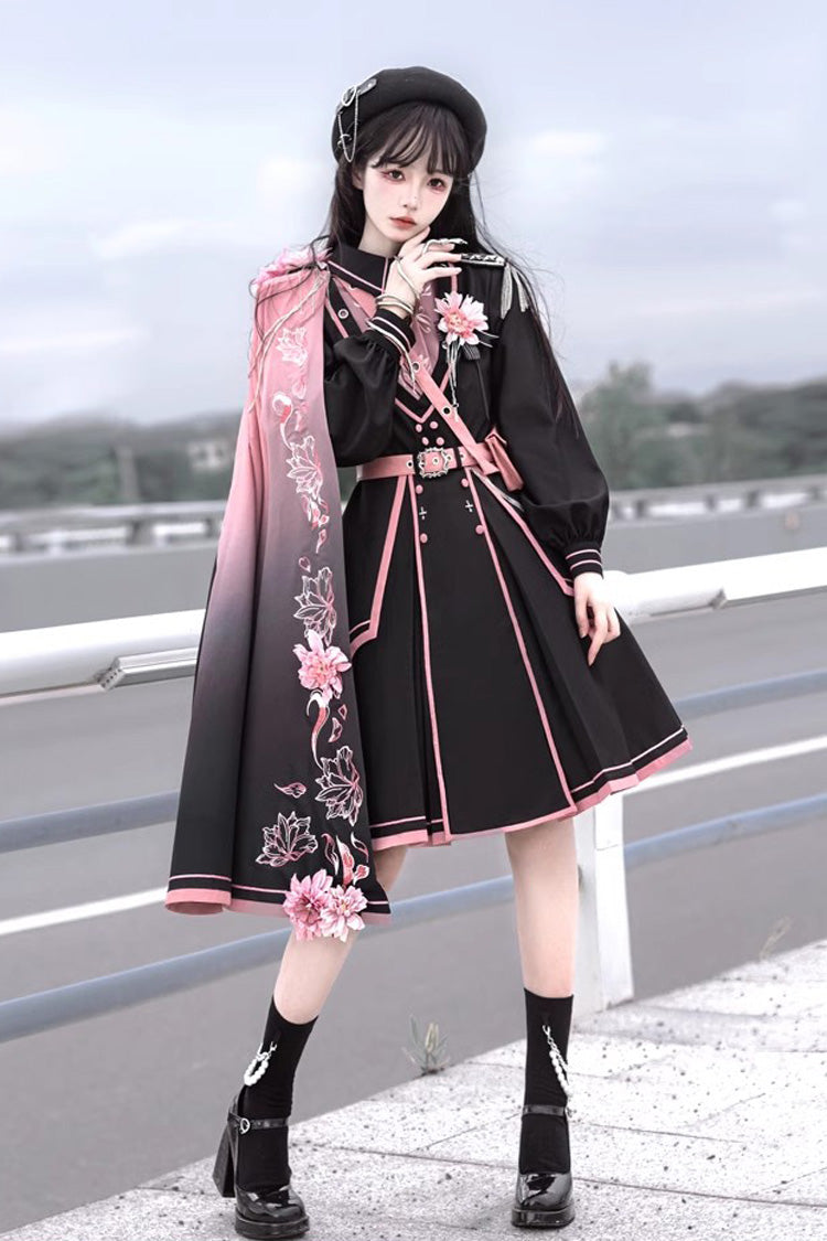 Black/Pink Long Sleeves Ruffle Gothic Military Elegant Princess Lolita Dress