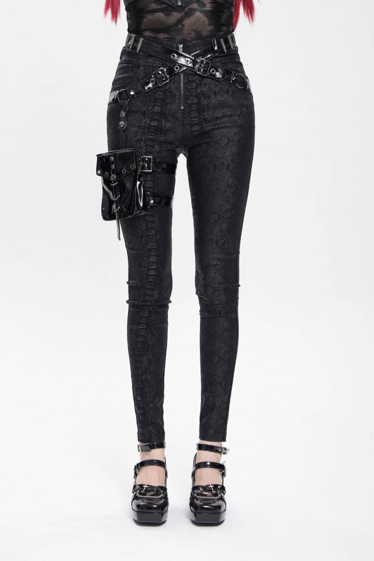 Black Print Buckle Straps Women's Punk Pants with Leg Bag